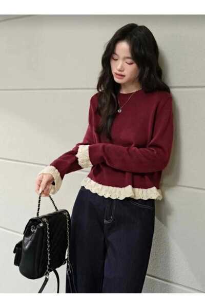 LUVON سترة تريكو نسائية بياقة دائرية قصة فضفاضة باللون العنابي مع تفاصيل من ا...