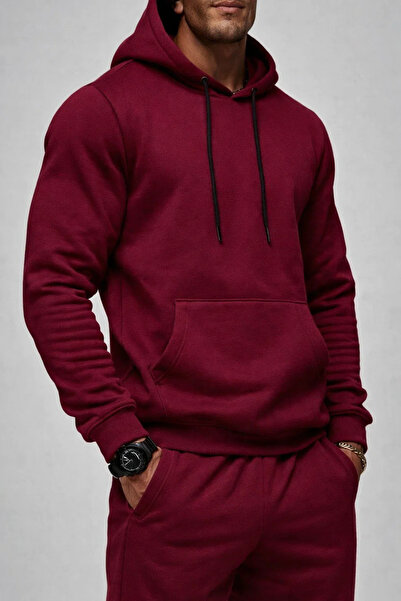 DAMGA JEANS Ανδρικό φούτερ με κουκούλα με τσέπη καγκουρό σε μπορντό χρώμα