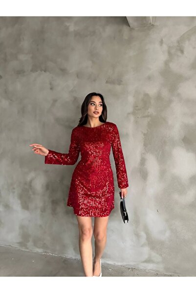 diğer 111 FİYONK DETAYLI PUL PAYETLİ ELBİSE