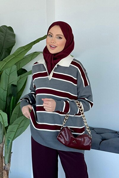 Hazamoda Collared Pique Striped Sweater Gray