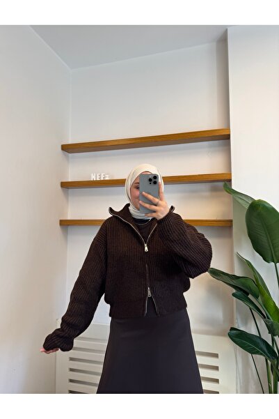 NEF Çift Fermuarlı Oversize Triko Hırka – Kahverengi