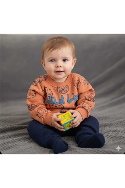 Nazar Kids Erkek Bebek Turuncu Wild Life Aslan Baskılı Alt Üst Eşofman Takımı