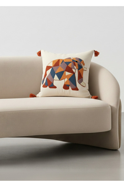 Destiva Home Colorful Ethnic Elephant Punch Embroidered Decorative Tasseled Throw Pillow Cover Cotton 42X42 cm