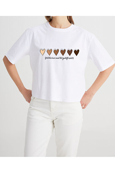 shi dumanlar giyim قصة فضفاضة تي شيرت بني مكون من مطبوع قطع على شكل قلوب للجن...