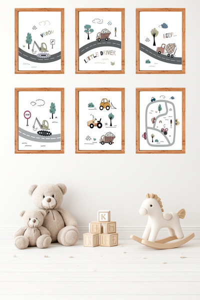 UNT Set de pictură murală cu 6 bucăți cu aspect de cadru, vehicule minimaliste și figuri – 15x20 cm MDF imprimare UV