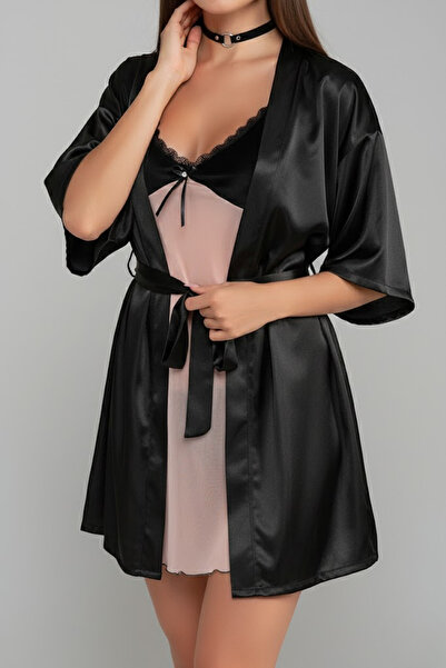 ZENCHES Saten Mini Sabahlık Ve Tül Gecelik Takımı- Sabahlık,Gecelik ve String