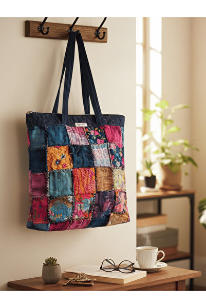 Ays Quilt Patchwork Desenli Kot Omuz Çantası - Fermuarlı ve İçi Cepli El Yapımı Çanta