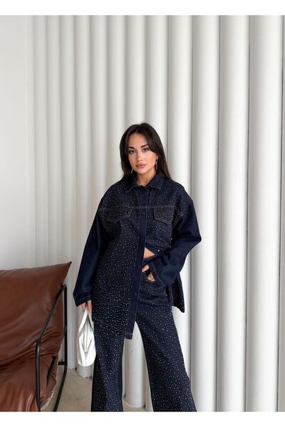 POP STORY Stoned Tied Denim Suit Oversized Jacket and High Waist Trousers