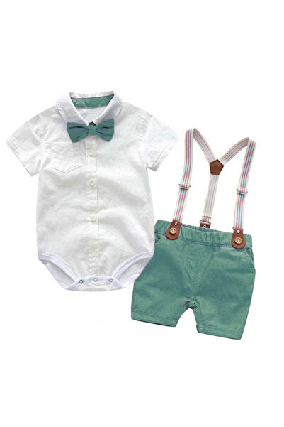 Superbaby Costum elegant cu body alb tip camasuta si pantaloni vernil