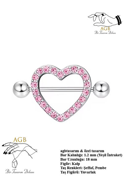 AGB Pembe Taşlı "nipple" Kalp Figürlü Aksesuarlı Göğüs Piercing (%100 CERRAHİ...