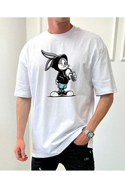shi dumanlar giyim Oversize Kapşonlu Tavşan Baskılı Unisex /Bay T-Shirt tshir...