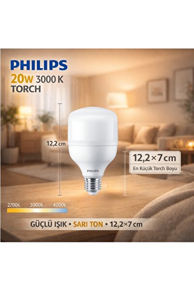 Philips 20W Torch LED Ampul 3000K Sarı Ton E27 Güçlü Işık Ev Salon Aydınlatma