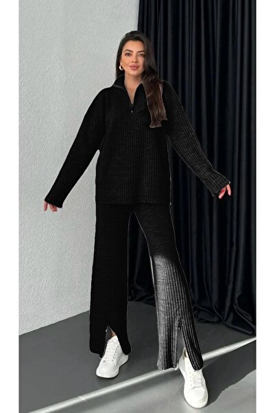 GÜLSEVEN Women's Corded Fabric collar zippered leg side Slit zippered knitwear set