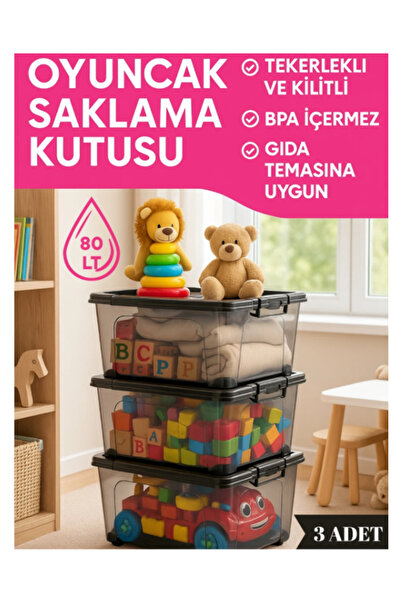 Loremp Oyuncak Kutusu Gıda Saklama Kabı Depolama Düzenleme 80 Litre 3 Adet