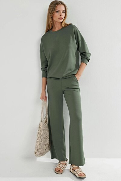 Hiccup Modal Textured Crew Neck Sweatshirt & Wide Leg Trousers Two-Piece Set ...