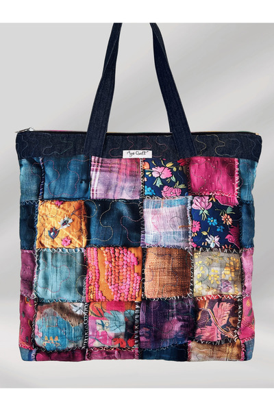 Ays Quilt Patchwork Desenli Kot Omuz Çantası - Fermuarlı ve İçi Cepli El Yapımı Çanta