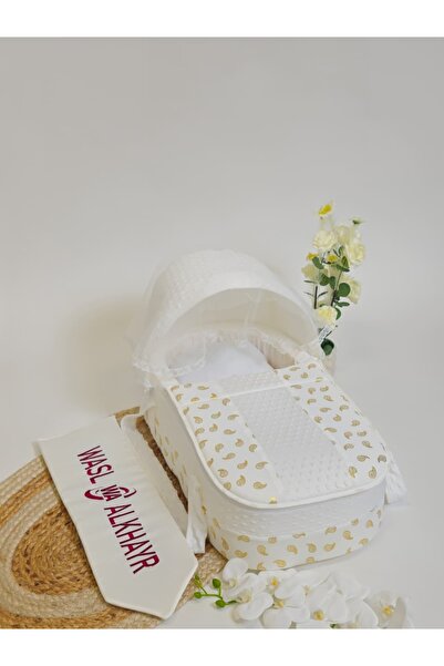 WASL ALKHAIR سرير أطفال متنقل بمقعد مبطن سميك ومواد عالية الجودة لون أبيض