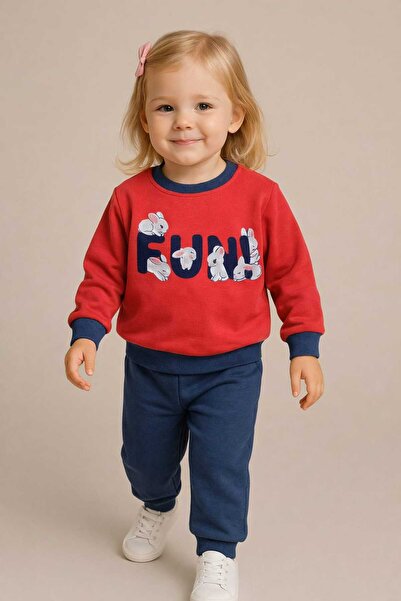 krm kerem bebe 3 Thread Winter Ş Fleece-Lined Rabbit Patterned Baby Girl-Chil...