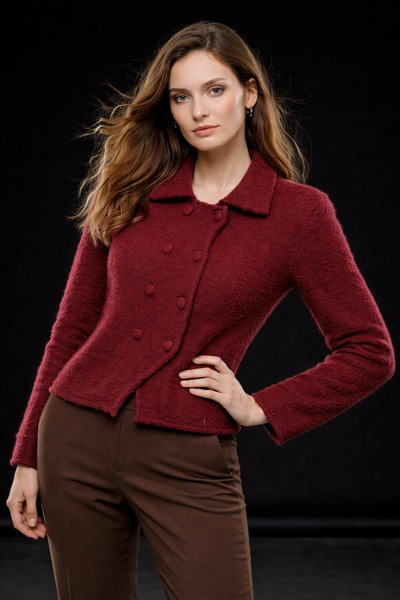 studio fashion 1988 Women's Burgundy Polo Neck Buttoned Double Closure Knit C...