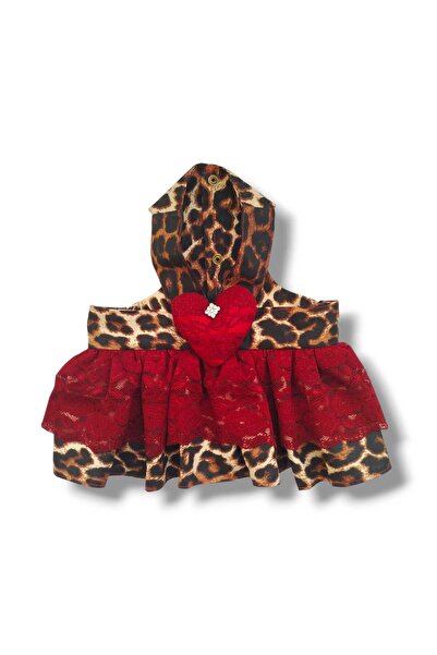 STE Dişi Köpek Leopar Desenli Elbise– Kırmızı Dantelli – Kalpli Köpek Kıyafet...
