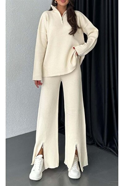 GÜLSEVEN Women's Corded Fabric collar zippered leg side Slit zippered knitwear set