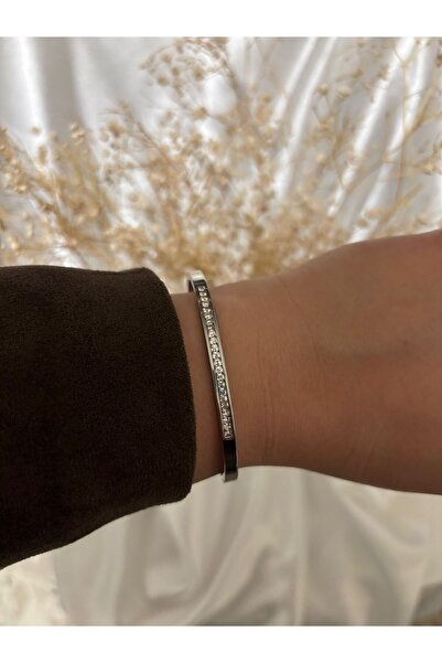 staınless steel Thin Stone Detailed Steel Handcuff Bracelet