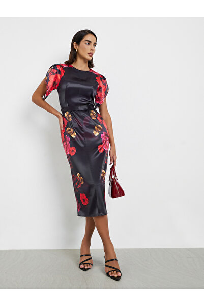 Styli Black Floral Print Satin Sheath Midi Dress