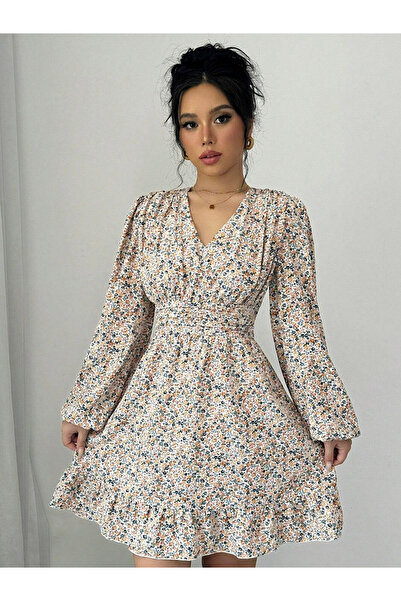 Take Two By Styli Women's Allover Printed V Neck Lantern Sleeve Mini Dress