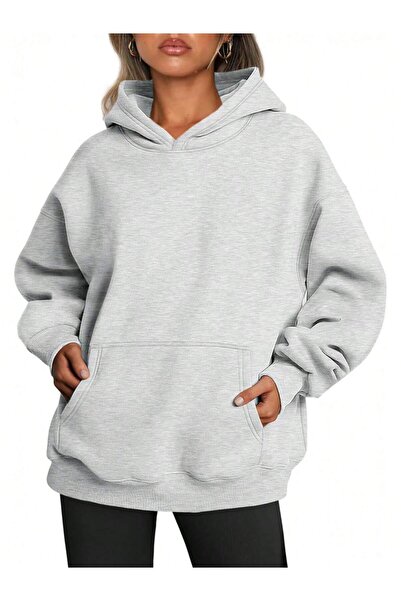 LUMİZA Kadın Düz Gri Basic Oversize Kapüşonlu Sweatshirt