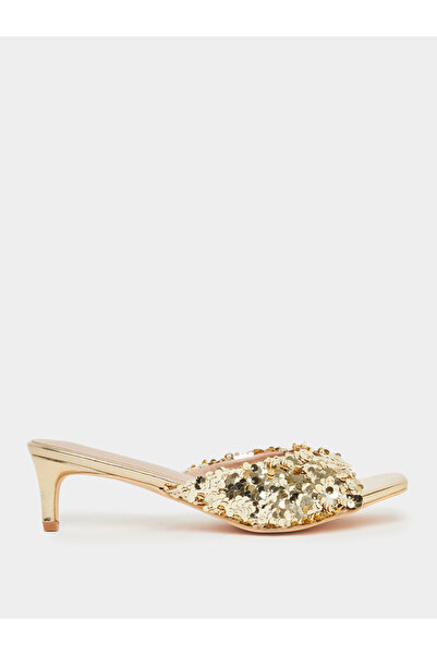 Styli Women Gold Sequin Low Heel Sandals