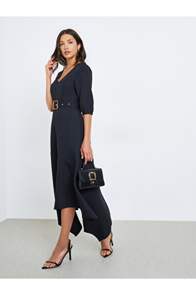 Styli Women Black Asymmetric Hem Belted Midi Dress