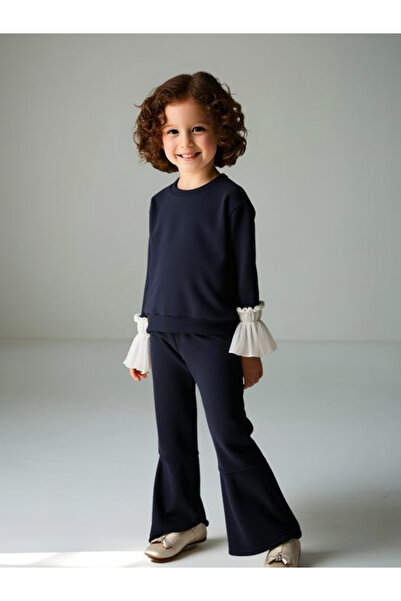 Take Two By Styli Girls Solid Ruffle Cuff Sweatshirt with Flare Pants Set