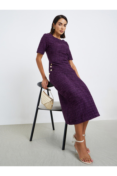 Styli فستان ميدي ضيق من التويد الأرجواني للنساء