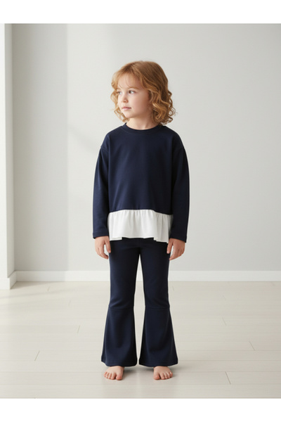 Take Two By Styli Girls Solid Ruffle Hem Sweatshirt with Flare Pants Set