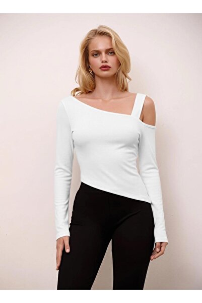 Baluxe White asymmetric neck long sleeve double layer cotton Stretch Fabric blouse