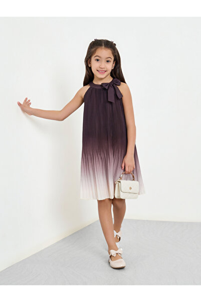 Styli فستان بناتي بلون عنابي مطوي مزين بفيونكة