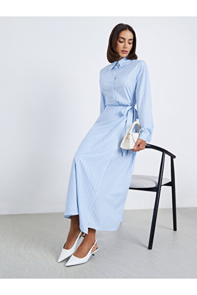 Styli Striped pattern shirt side waist tie casual Midi dress