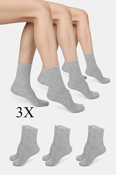 ERENART Bamboo Women's Elastic-Free Gray Ruffled Socket Stitch-Free Socks 3-P...