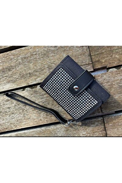 ÖZÜM TAKI محفظة نسائية متعددة الأقسام بتفاصيل حامل البطاقات مرصعة بالأحجار باللون الأسود