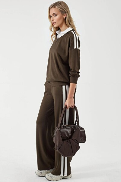 Hiccup Modal Textured Zipper Collar, Wide Leg Two-Piece Suit Berşan Collection