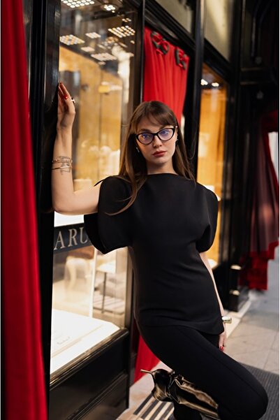 BRTC design Women's Black Balloon Sleeve Asymmetrical Design Blouse