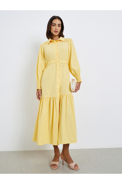 Styli Solid Casual Shirt Gathered Midi Dress