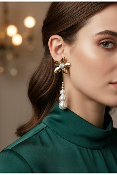 VNS Accessories أقراط طويلة على شكل زهرة مزينة باللؤلؤ والكرات (9 سم)