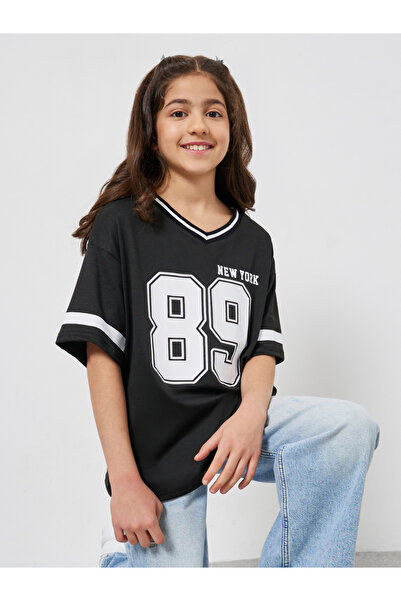 Styli Girls Black Varsity Oversized T-Shirt