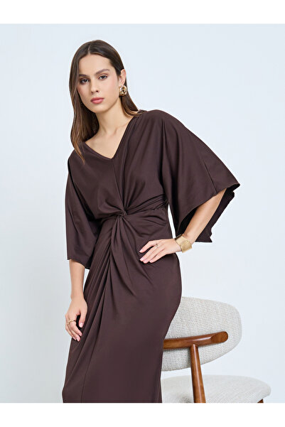 Take Two By Styli Brown Pleated Detail Midi Dress