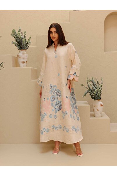 IKKXA جلابية مطبوع بتصميم جميل وتفاصيل زهرية