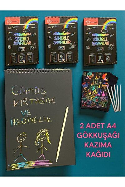 Beimo 2 ADET A4 SİPRALLİ SİHİRLİ GÖKKUŞAĞI KAZIMA DEFTERİ 8 YAPRAK & AHŞAP KALEM