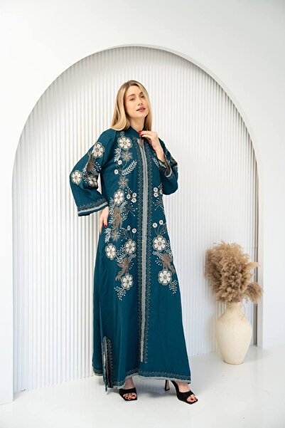 AFandina جلابية كتان فاخرة بتطريز راقي SM - 1