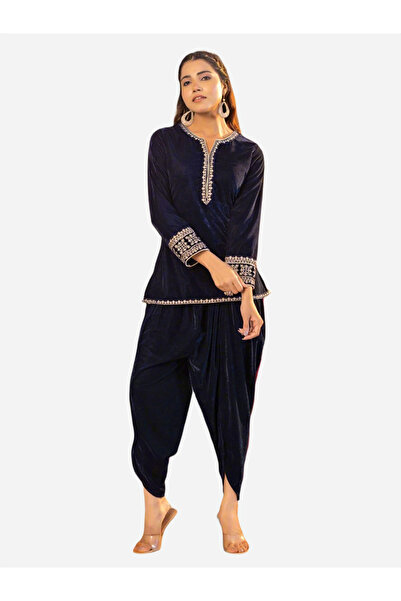 KASYA By Styli Navy Blue Velvet Kurta and Dhoti Pants Co-Ords
