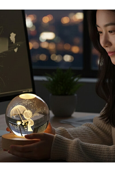 moryconcept Küçük Prens Model Ahşap Altlıklı USB LED Kristal Cam Küre Gece La...
